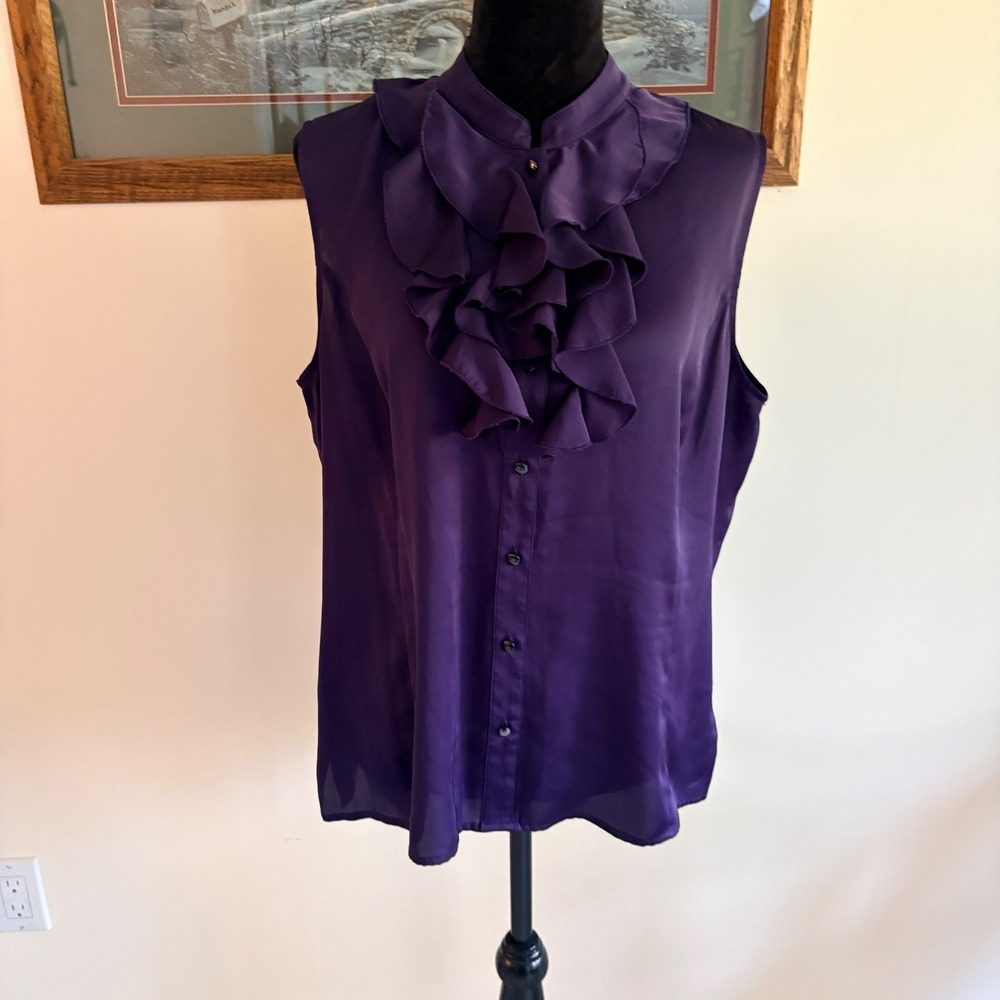 Alex Marie Purple Ruffle Sleeveless Blouse Satin Jabot Neck Top XL